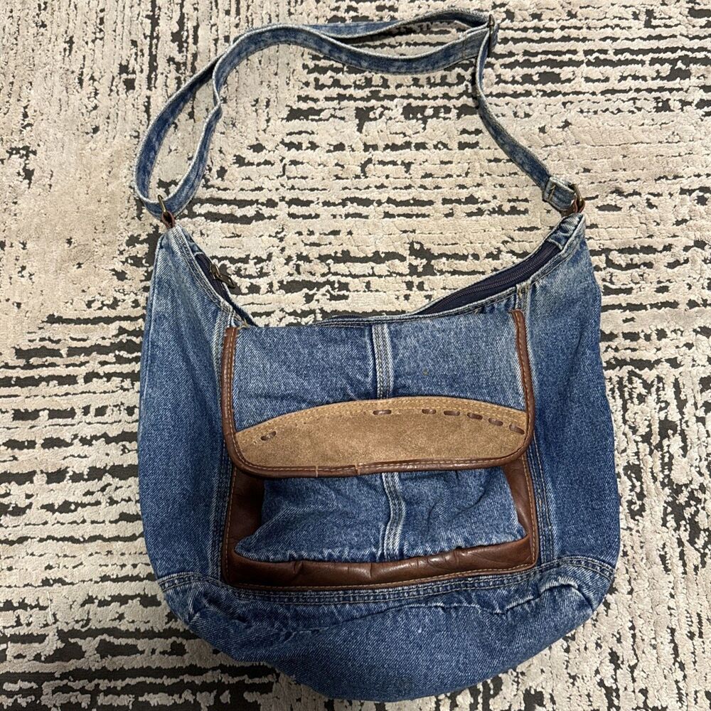 Denim Jean Shoulder Hobo Bag Purse Jean Pockets Leather Y2K Vintage Retro Hippie - Picture 3 of 16